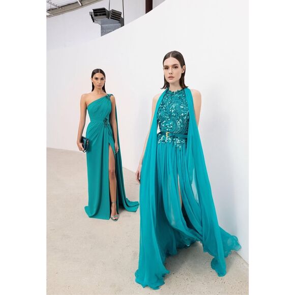 NWT Zuhair Murad Embellished Beaded Draped One-Shoulder Gown Blue Size 10 $4550 - Picture 2 of 10